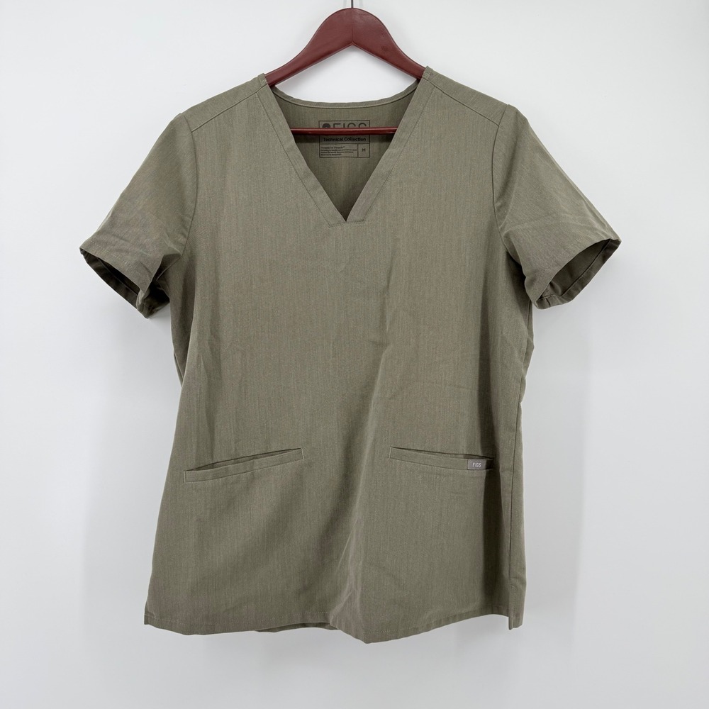 FIGS Casma Scrub Top Womens Medium Heathered Olive 3-Pocket V-Neck FIONx FW1100